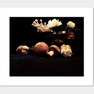 Mushrooms & Carnations 2 - Baroque Inspired Dark Still Life Photo Posters and Art